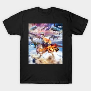 Trippy Galaxy Corgi Dog Riding Dinosaur T-Shirt